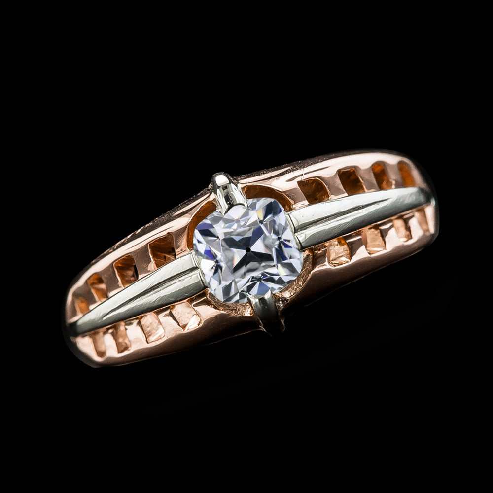 Two Tone Cushion Solitaire Old Mine Cut Diamond Ring 