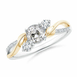 Two Tone Diamond Ring 1.60 Carats Round Old Mine Cut Leaf Style