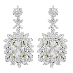 Two Tone Flower Style Drop Diamond Earrings 12 Carats Oval Old Cut