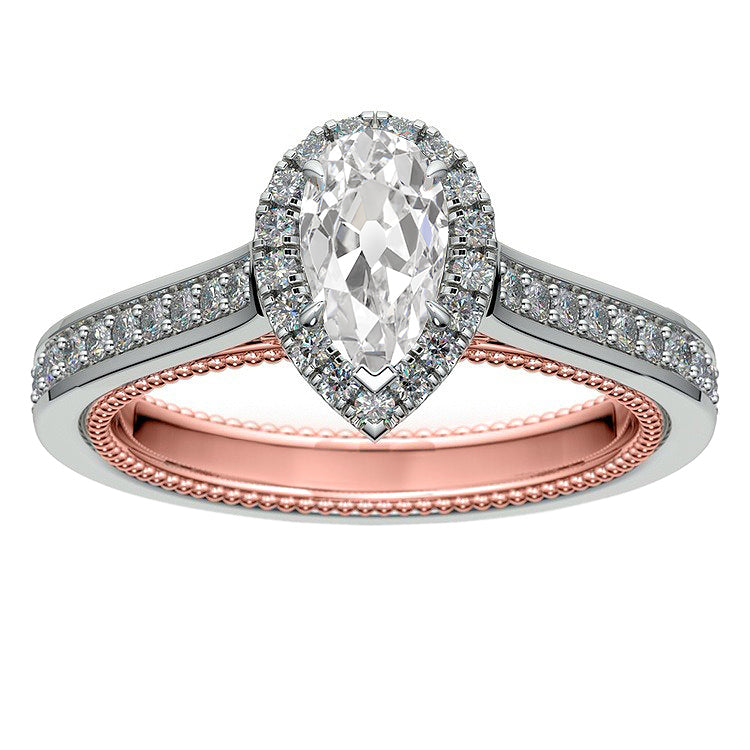 Two Tone Gold Halo Round & Pear Old Miner Diamond Ring 