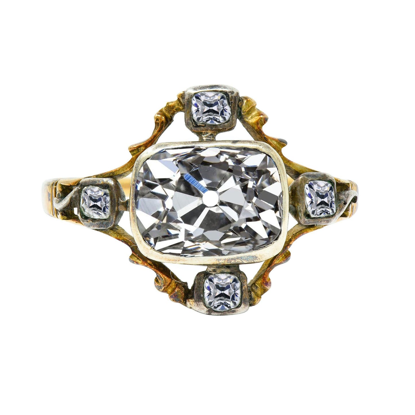 Bezel Set Two Tone Cushion Old Cut Diamond Ring