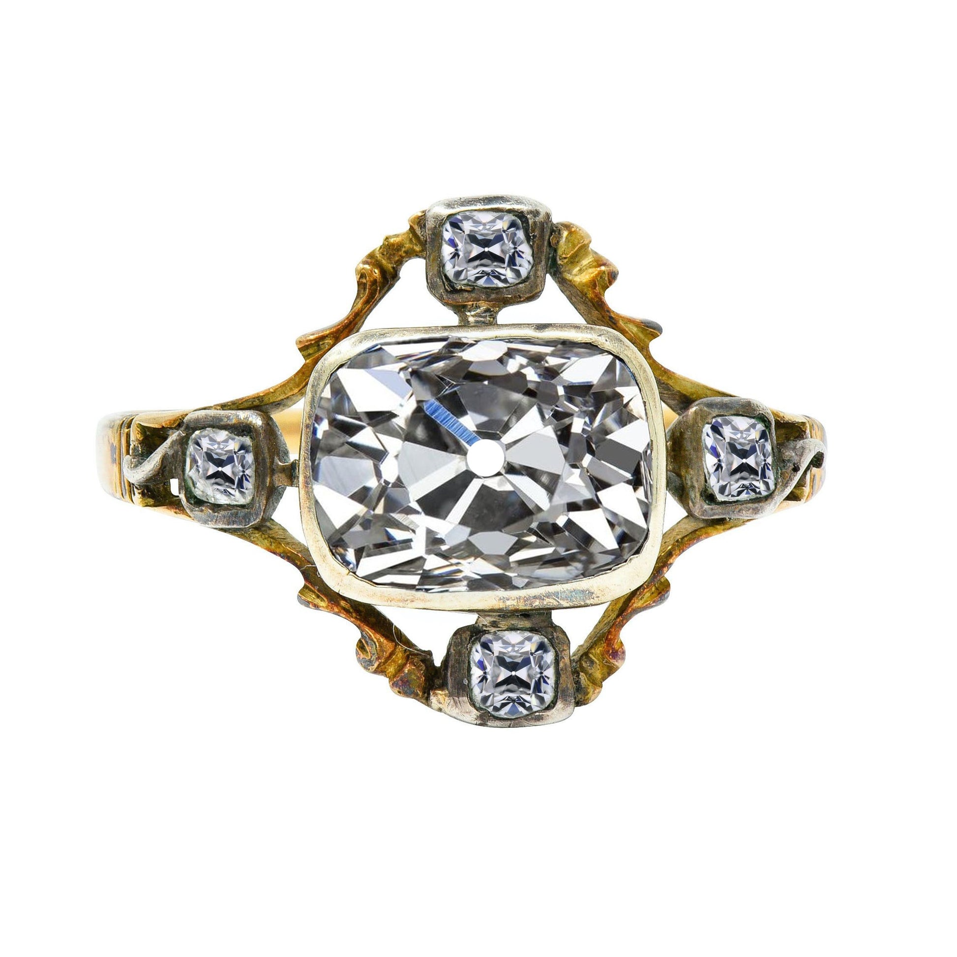 Bezel Set Two Tone Cushion Old Cut Diamond Ring