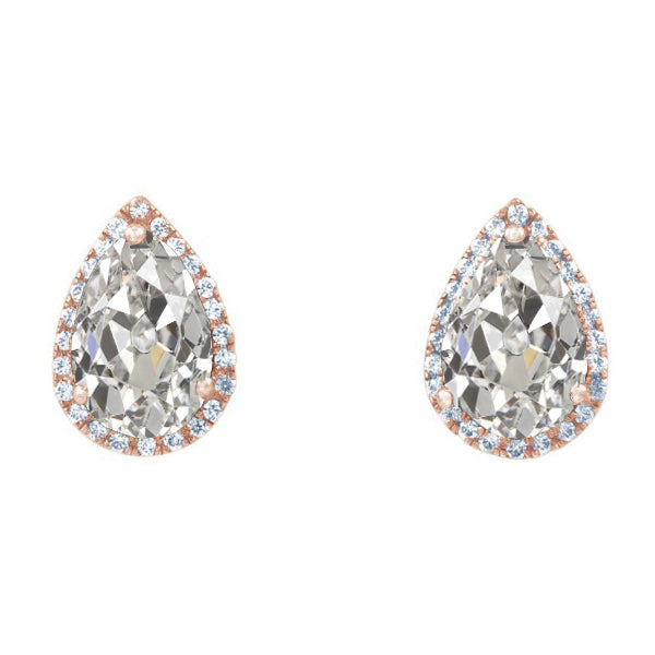 Two Tone Halo Real Diamond Pear & Round Old Mine Cut Stud Earrings 6 Carats