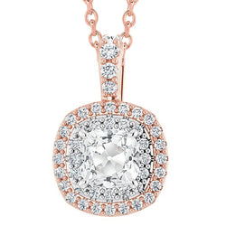 Two Tone Halo Natural Earth Mined Diamond Pendant Cushion Old Miner Prong Set 6.50 Carats