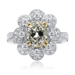 Two Tone Halo Oval Old Cut Diamond Ring Flower Style 10 Carats