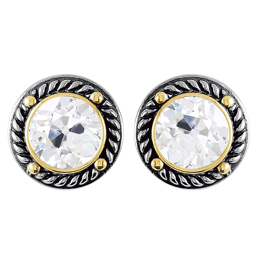 Two Tone Stud Earrings 5 Ct Old Miner Diamond Gold 14K