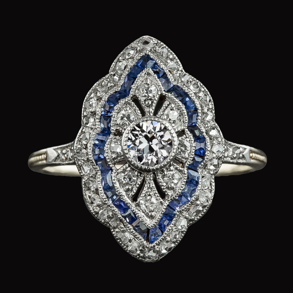 Old Miner Diamond Ring & Trapezoid Sapphires Vintage Style
