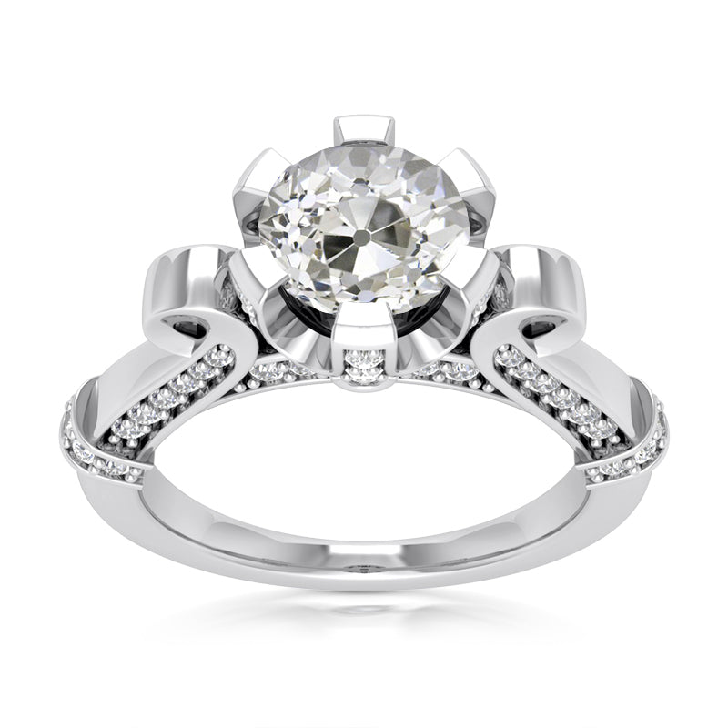 Round Old Miner  Women Diamond Engagement Ring White Gold Solitaire Ring with Accents
