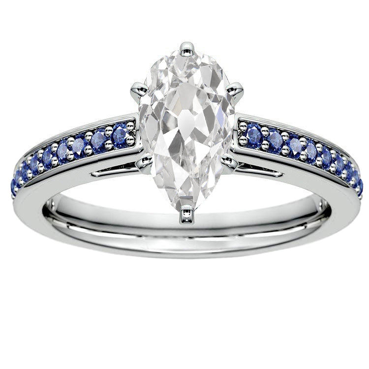 Wedding Ring Pear Old Miner Diamond & Round Blue Sapphire 