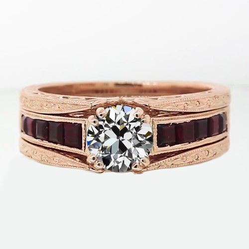 Wedding Ring Set Old Miner Diamond & Rubies Prong Set