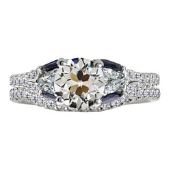Wedding Ring Set Round Old Miner Diamond & Baguette Sapphires 7 Carats
