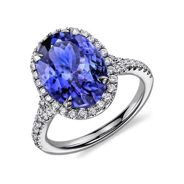 New Tanzanite With Halo Diamonds Ring White Gold   Half bazel fancy 