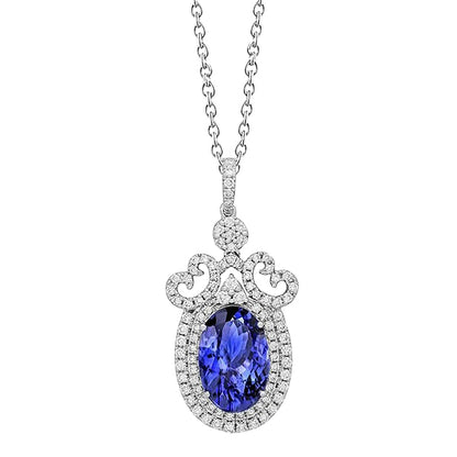 White Gold 14K 8.60 Ct. Oval Tanzanite And Natural Earth Mined Diamonds Pendant Necklace