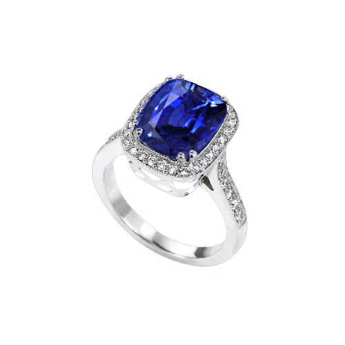 Brilliant Sparkling Blue Sapphire Cushion And Round Cut   Diamonds Ring WG