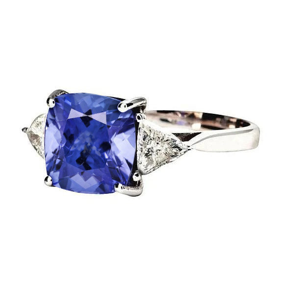 Women Jewelry  Cushion Tanzanite AAA Diamonds   3-Stone Ring White Gold
