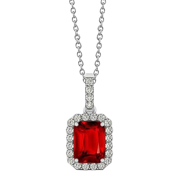White Gold 14K Emerald Cut Ruby With Round Natural Earth Mined Diamonds 5 Ct Pendant
