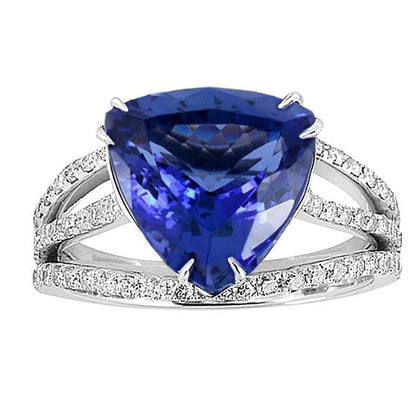 White Gold   Lady’s Brilliant  Trillion Tanzanite And Diamonds 6 Carats Ring 