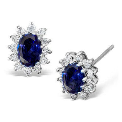 White Gold 5 Ct Blue Tanzanite & Natural Earth Mined Diamonds Lady Studs Earrings Halo