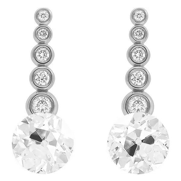 White Gold 8.50 Carats Diamond Journey Drop Earrings Round Old Cut