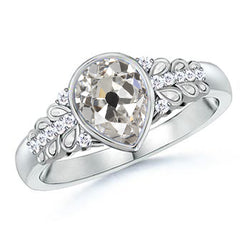 White Gold Anniversary Ring Old Cut Pear Natural Earth Mined Diamond 1.50 Carats Leaf Style
