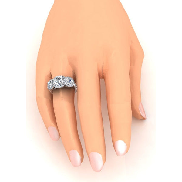 White Gold Cushion Diamond 3 Stone Halo Ring