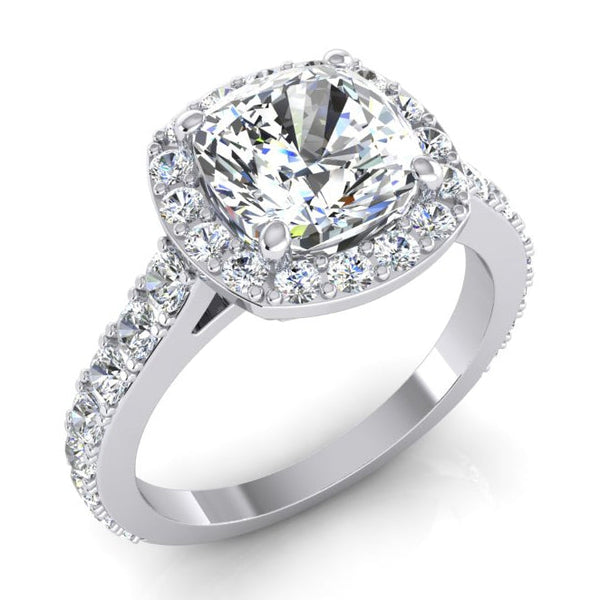 White Gold Cushion Halo Diamond Ring 3.65 Carats Cathedral Setting 