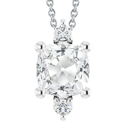 White Gold Cushion Old Miner Diamond Pendant Necklace 3 Stone 6 Carats