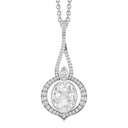 White Gold Real Natural Earth Mined Diamond Pendant Oval Old Cut Bezel Set 3.50 Carats