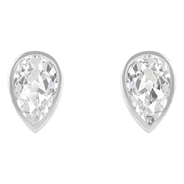 White Gold Diamond Stud Earrings Bezel Set Pear Old European 4 Carats