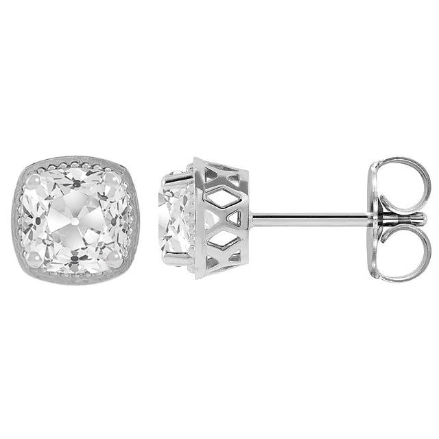 White Gold Diamond Stud Earrings Cushion Old Mine Cut 7 Carats