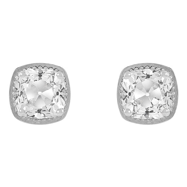 White Gold Diamond Stud Earrings Cushion Old Mine Cut 7 Carats
