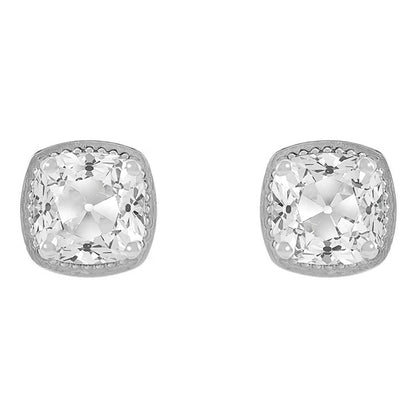 White Gold Diamond Stud Earrings Cushion Old Mine Cut 7 Carats