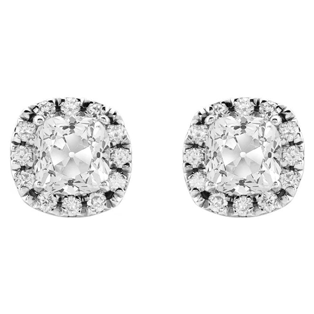 White Gold Diamond Stud Halo Earrings 9 Carats Cushion Old Mine Cut