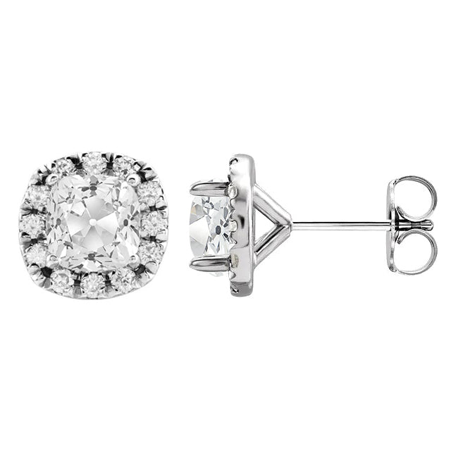 White Gold Genuine Natural Real Diamond ( Not Lab Grown ) Stud Halo Earrings 9 Carats Cushion Old Mine Cut