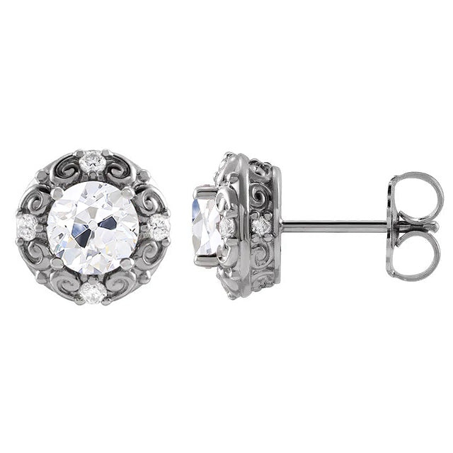 White Gold Diamond Vintage Style Stud Earring Round Old Cut 3.50 Carat