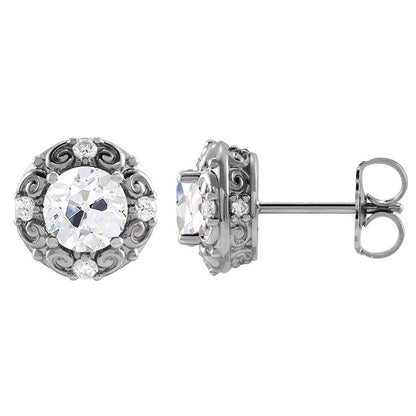 White Gold Diamond Vintage Style Stud Earring Round Old Cut 3.50 Carat
