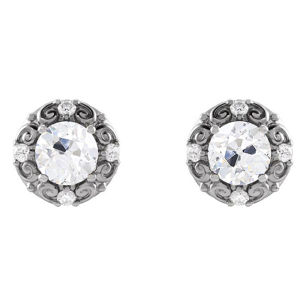 White Gold Diamond Vintage Style Stud Earring Round Old Cut 3.50 Carat