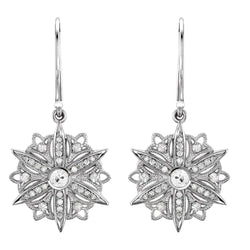 White Gold Flower Style Diamond Drop Earrings 3 Carats Round Old Cut