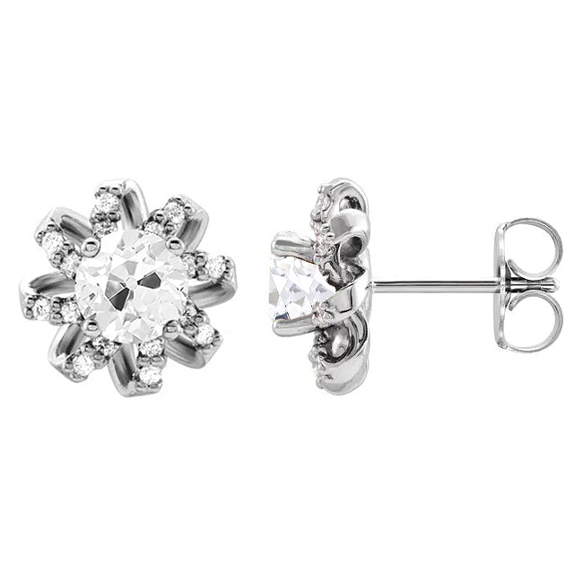White Gold Flower Style Diamond Stud Earrings Round Old Miner 3 Carats