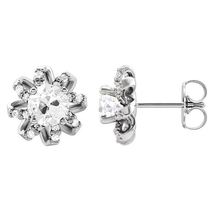 White Gold Flower Style Diamond Stud Earrings Round Old Miner 3 Carats