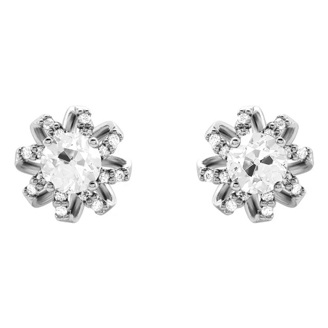 White Gold Flower Style Diamond Stud Earrings Round Old Miner 3 Carats