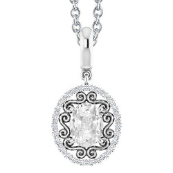 White Gold Halo Natural Earth Mined Diamond Pendant Oval Old Mine Cut 3 Carats With Chain