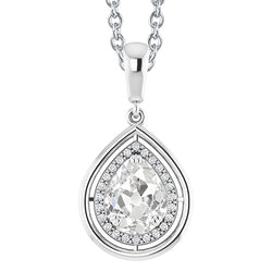 White Gold Halo Genuine Natural Earth Mined Diamond Pendant Round & Pear Old Mine Cut 3 Carats