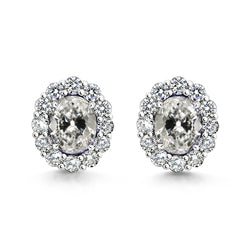 White Gold Halo Oval Old Mine Cut Real Diamond Stud Earrings 4.50 Carats