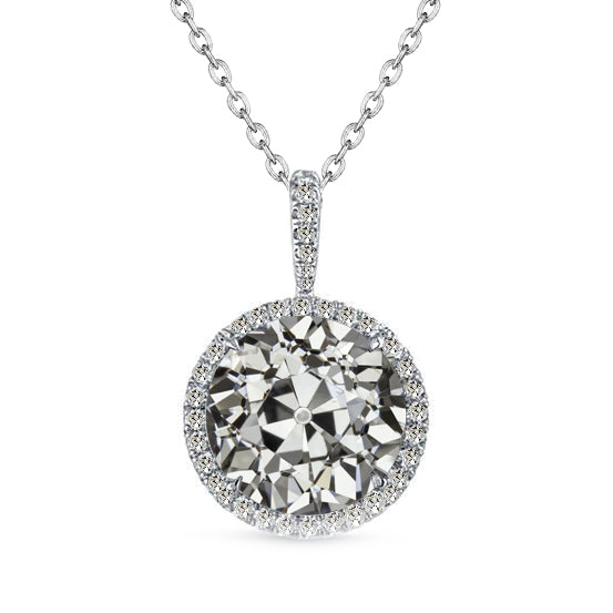 White Gold Halo Pendant 3.50 Ct Old Mine Diamond Jewelry