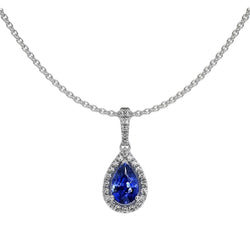 White Gold Halo Pendant Pear Sapphire & Diamond Necklace 2 Carats