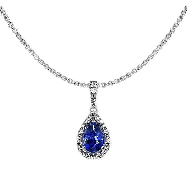 White Gold Halo Pendant Sapphire Diamond Necklace