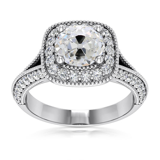 White Gold Halo Ring Cushion Old Cut