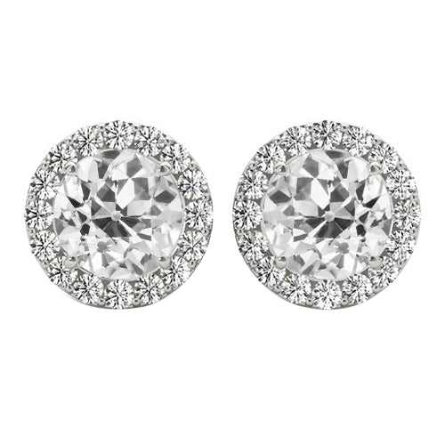 White Gold Halo Stud Earrings Old Cut Diamonds 6.50 Ct.