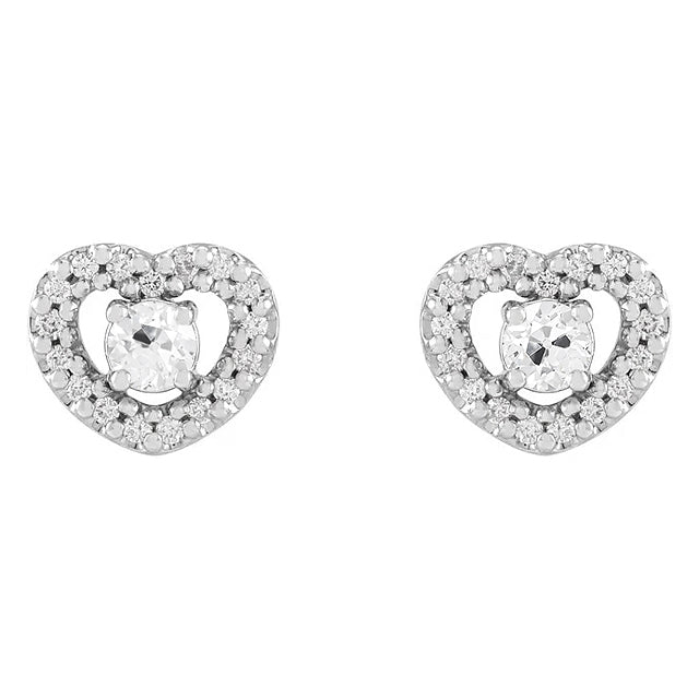 White Gold Heart Shape Diamond Stud Earrings 4 Carats Round Old Cut